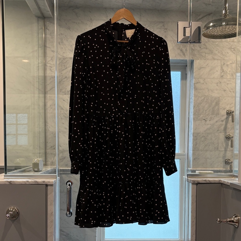 Kate Spade Long-Sleeve Black Polka Dot Tie-Neck Dress - Size 12